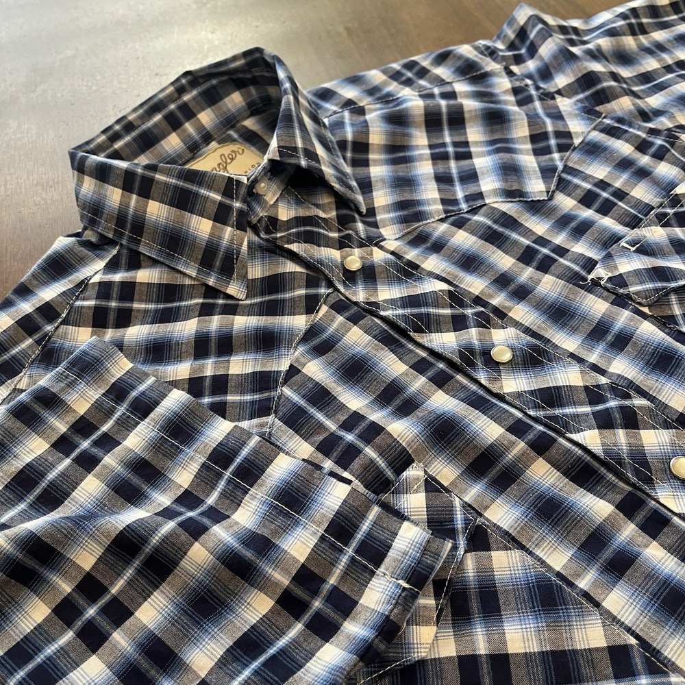 Wrangler Shirt Mens M Blue Plaid Western Pearl Snap Ranch Rodeo Cowboy WM196NV